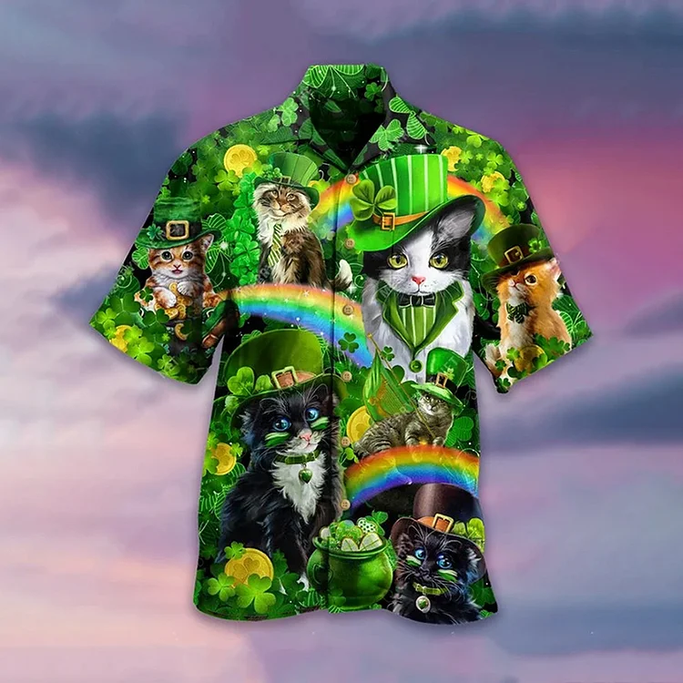 Comstylish Men's Saint Patrick's Day Cats Shamrocks Hawaiian Shirt