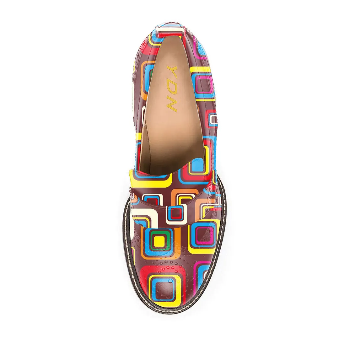 Multicolor Square Print Round Toe Brogue Style Chunky Heeled Loafers
