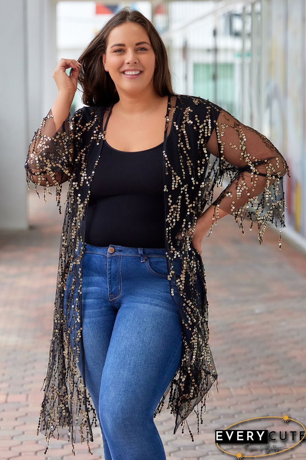 Black 3/4 Bell Sleeve Sequin Sheer Kimono