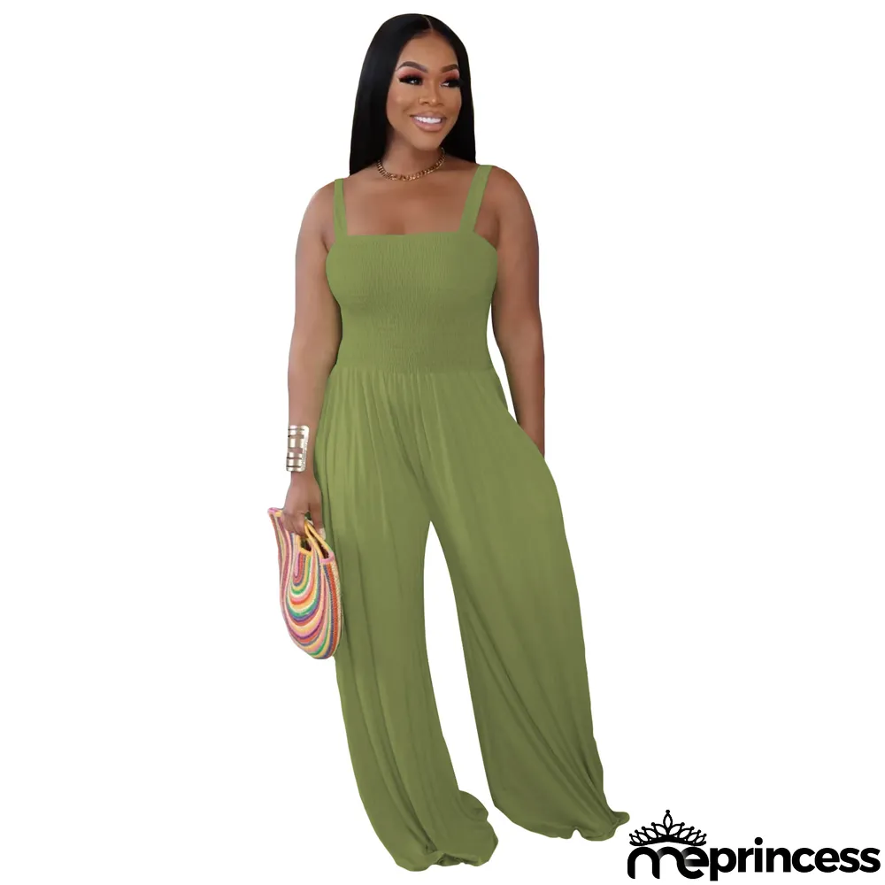 Women'S Solid Casual Strap Sleeveless Wide Leg Jumpsuit