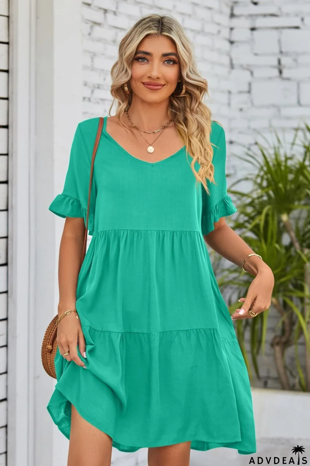 V-Neck Flounce Sleeve Tiered Dress