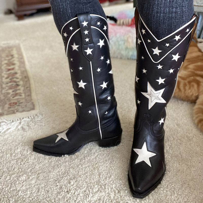Vintage Black Snip Toe White Star Inlay Mid-Calf Cowgirl Boots