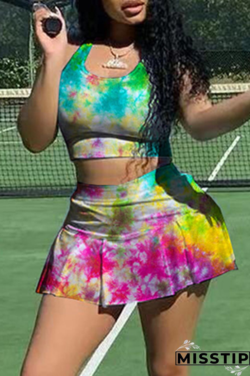 Green Yellow Sexy Casual Print Tie Dye Vests U Neck Sleeveless Two Pieces