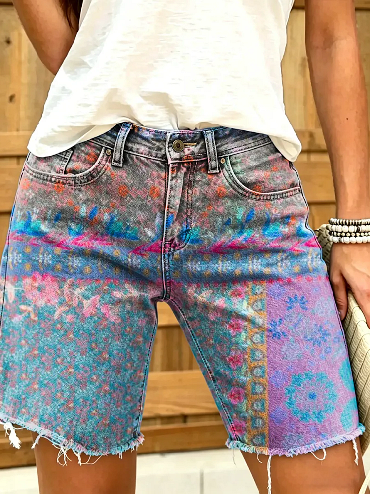 Women's Bohemian Patchwork Floral Art Print Stylish Denim Shorts