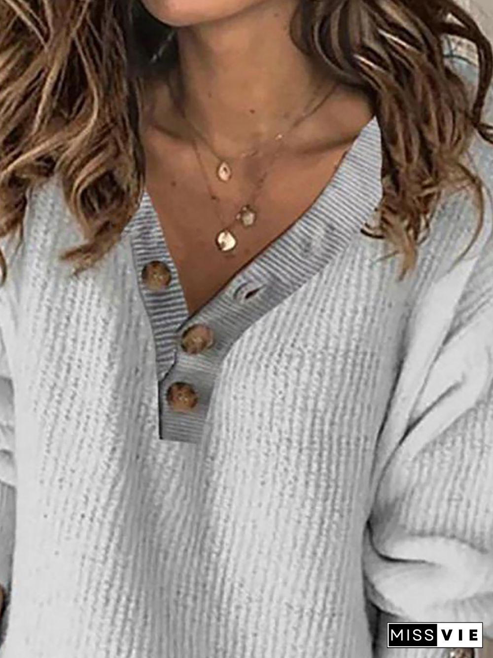 Plus size Plain Knitting V Neck Sweater