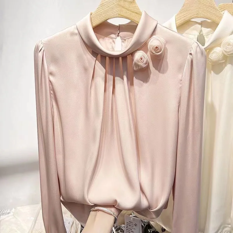 Mongw Mongw Temperament Shows Thin Three-Dimensional Flower Pure Color Set Jacket Female Spring New Long Sleeve Satin Simulation Silk Shirt
