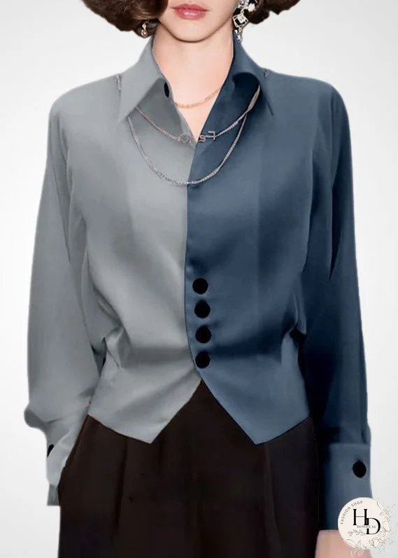 Style Colorblock Peter Pan Collar Patchwork Side Open Shirt Tops Spring