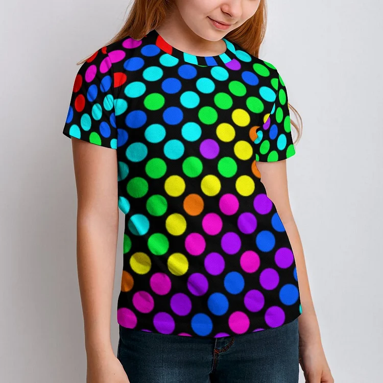 Rainbow Primary Polka Dots Boys Girls T-Shirts Kids Casual All over Print Graphic Short Sleeve 3D Tee - Heather Prints Shirts