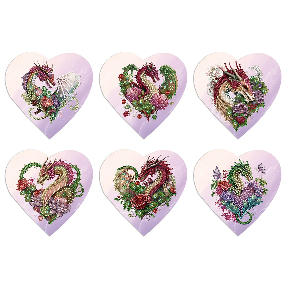6 Pcs Heart Dragon Christmas Special Shape Diamond Painting Greeting Card Kit