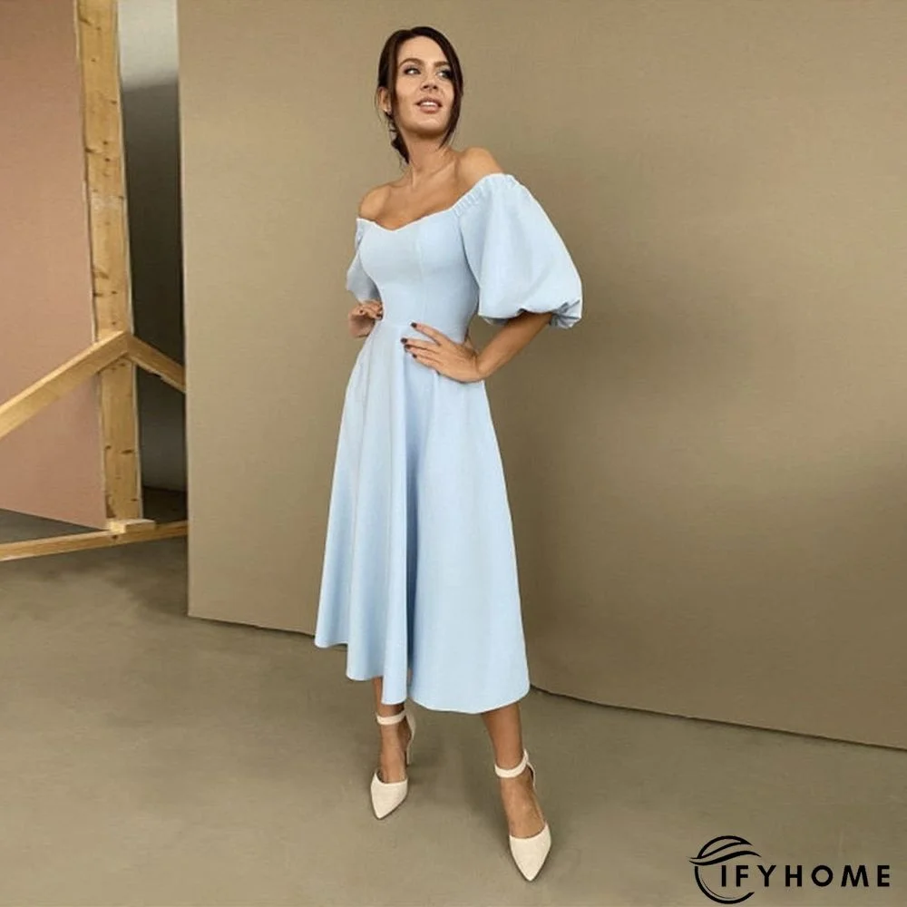 Fashionkova Churses Sexy Slash Neck Backless Midi Dress Autumn Elegant Puff Half Sleeve A-Line Long Party Dresses For Women 2022 | IFYHOME