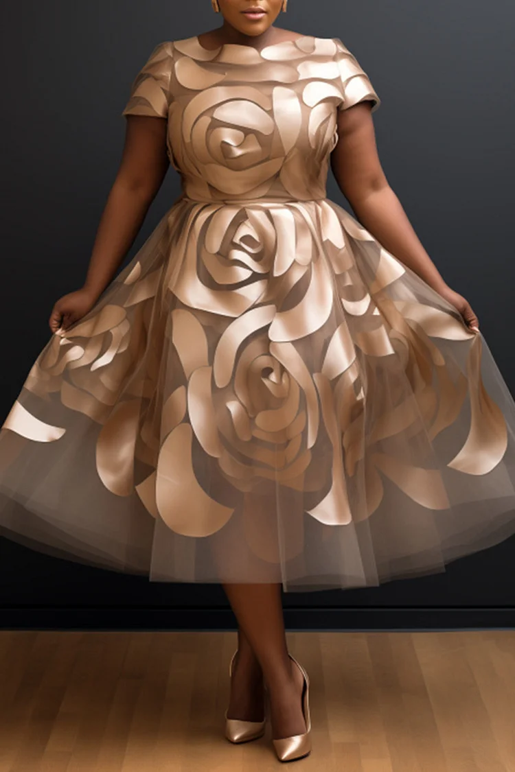 Xpluswear Design Plus Size Wedding Guest Black Floral Round Neck Short Sleeve See Through Elegant Midi Dresses [Pre-Order]