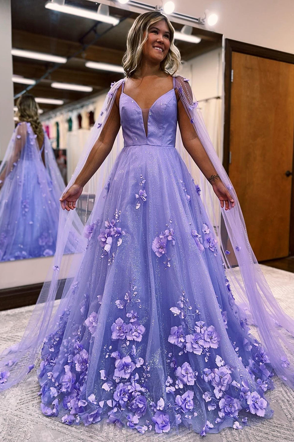 Lvs&Broner Lavender Tulle Spaghetti Strap A Line Sequins Long Prom Dress With Appliques