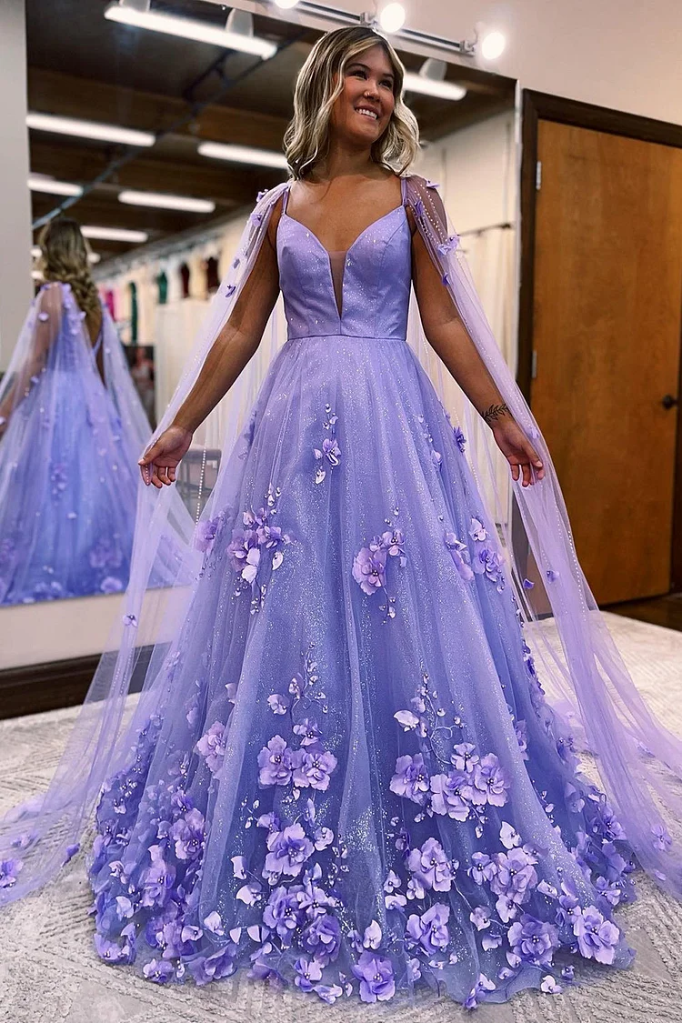 Hellodresses Lavender Tulle Spaghetti Strap A Line Sequins Long Prom Dress With Appliques