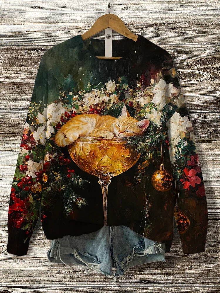 Women's Cat And Christmas Cocktail Print Knit Sweatshirt