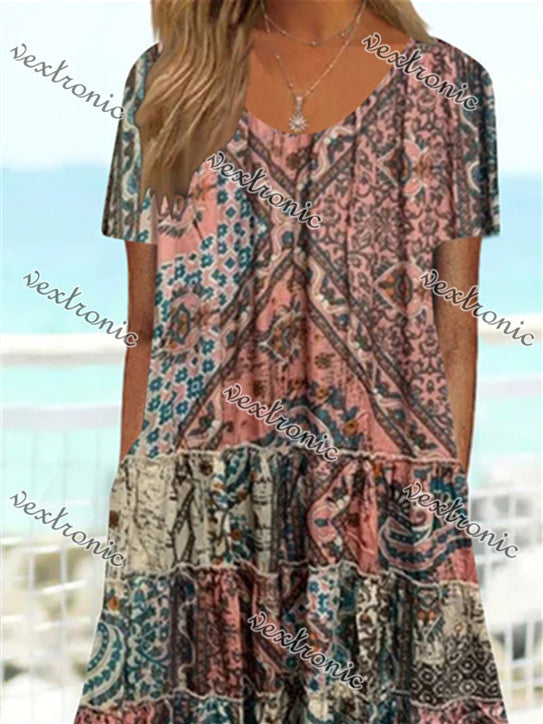 Women Short Sleeve Scoop Neck Floral Printed Stitching Maxi Dress