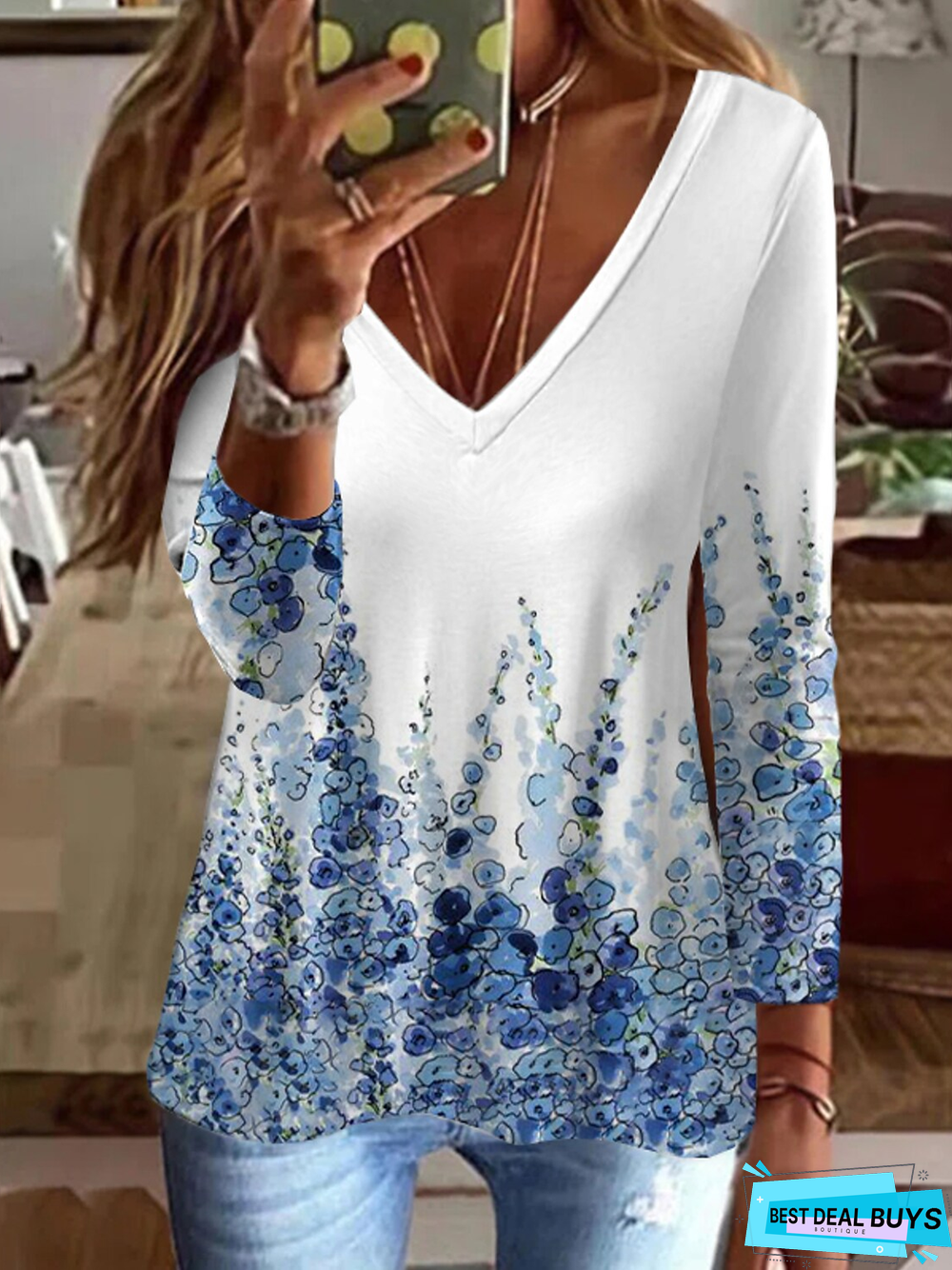 Blue Floral Casual Loose Jersey T-Shirt