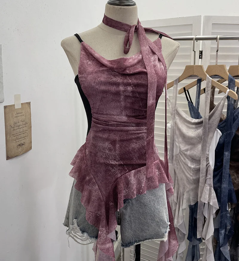 Zingj Vietnamese Niche Hot Girls Unristered Ribbon Vest Repair Hanging Neck Short Sling 8017