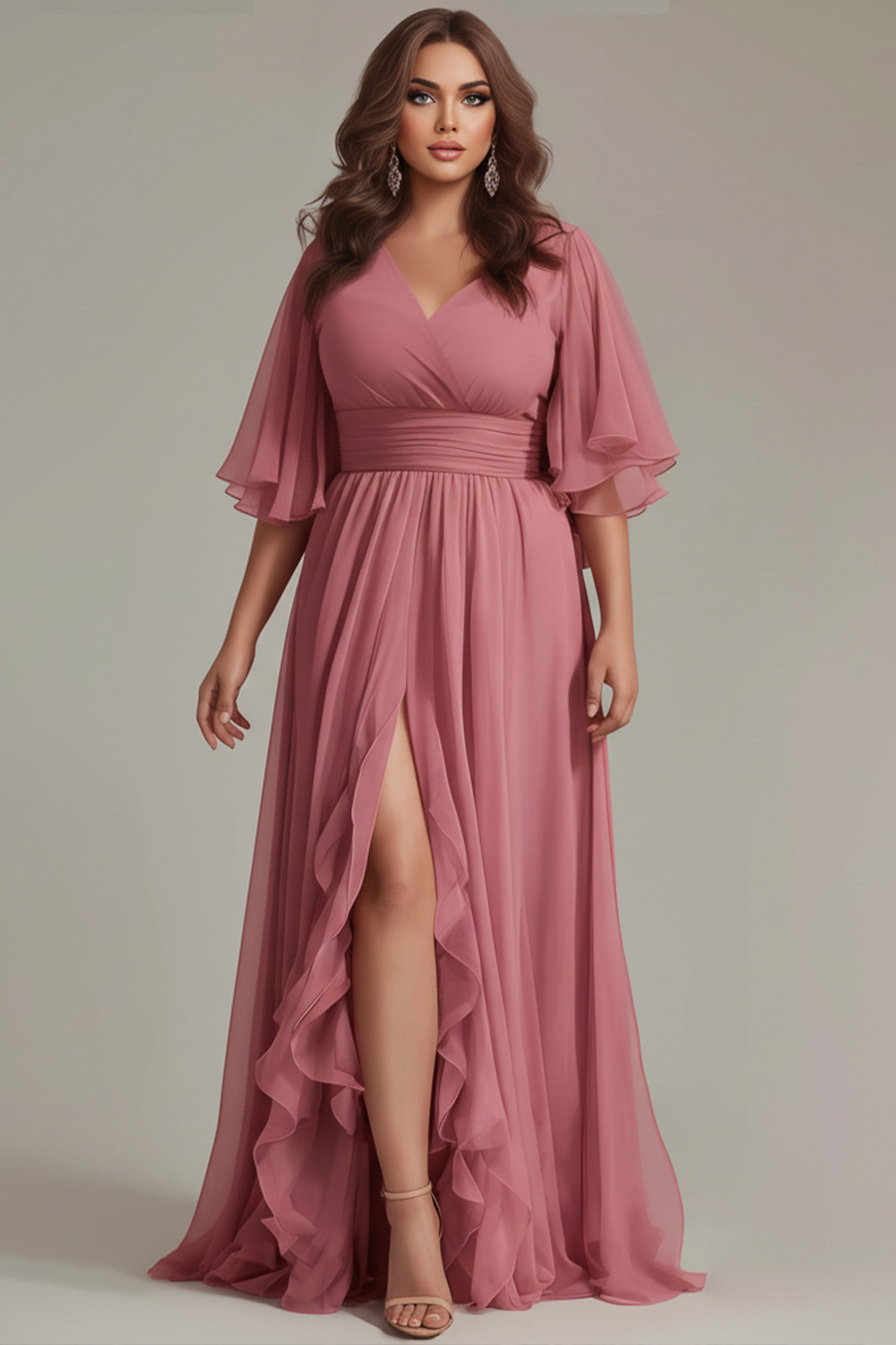 Flycurvy Plus Size Bridesmaid Dusty Rose Chiffon Wrap Flutter Sleeve Ruffle Slit Hem Maxi Dress- Flycurvy Flycurvy Plus Size Bridesmaid Dusty Rose Chiffon Wrap Flutter Sleeve Ruffle Slit Hem Maxi Dress- Flycurvy