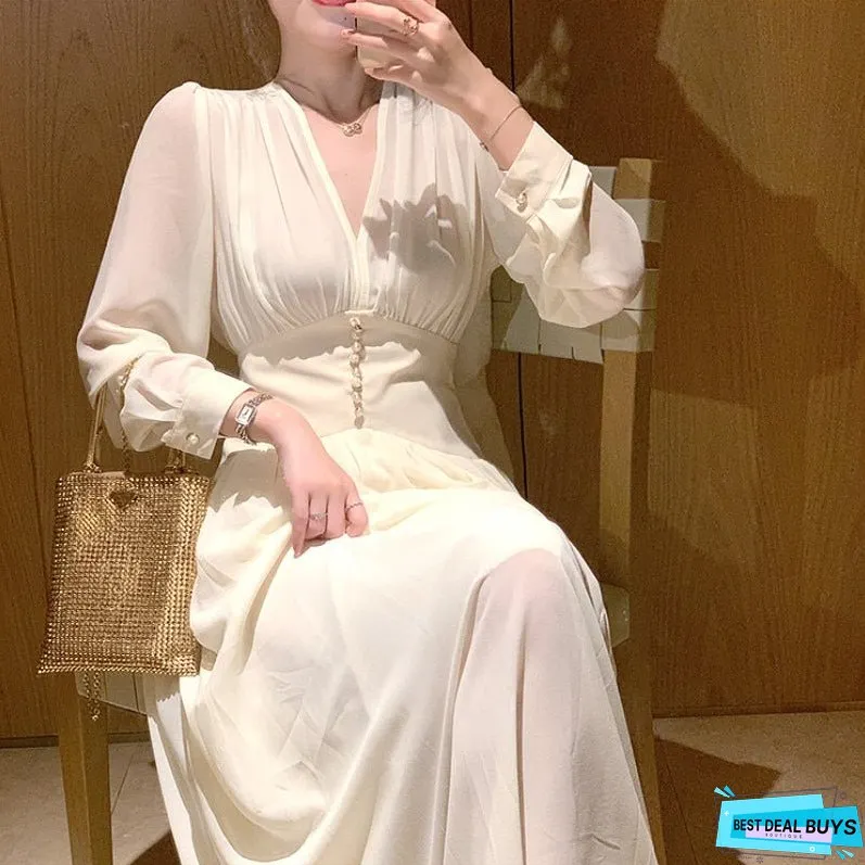 Elegant Dress Women Solid Long Sleeve Fairy Party Dress Office Lady Sexy V-Neck Loose Midi Dress Spring Clothing Female