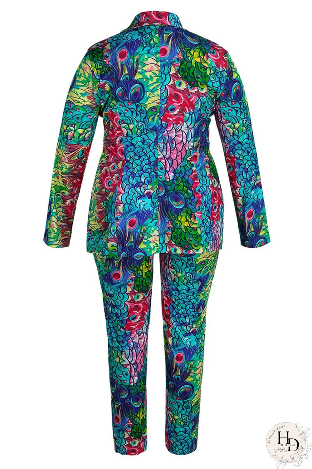 Turquoise Fashion Casual Print Cardigan Pants Turndown Collar Plus Size Two Pieces