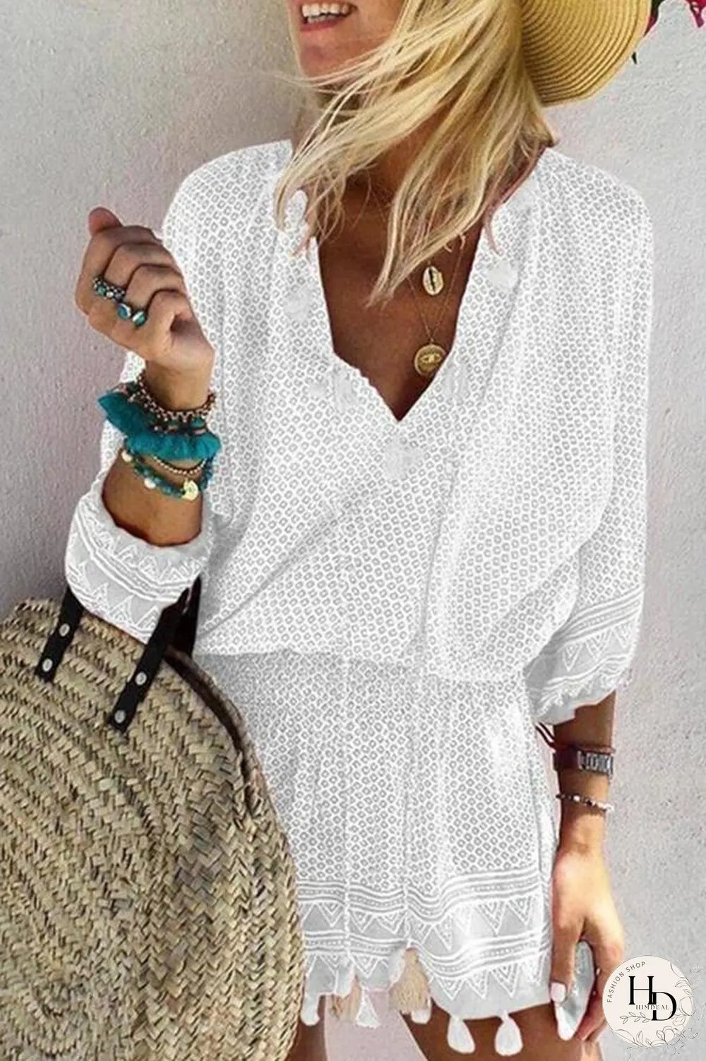 V-neck 3/4 Sleeve Beach Mini Dress (6 Colors) P16204