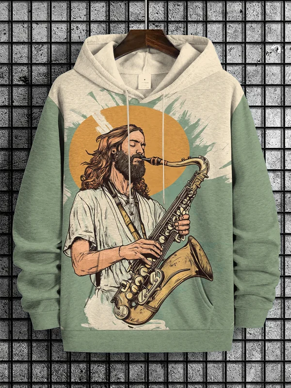 Men's Jesus Playing Saxophone Art Print Hooded Sweatshirt