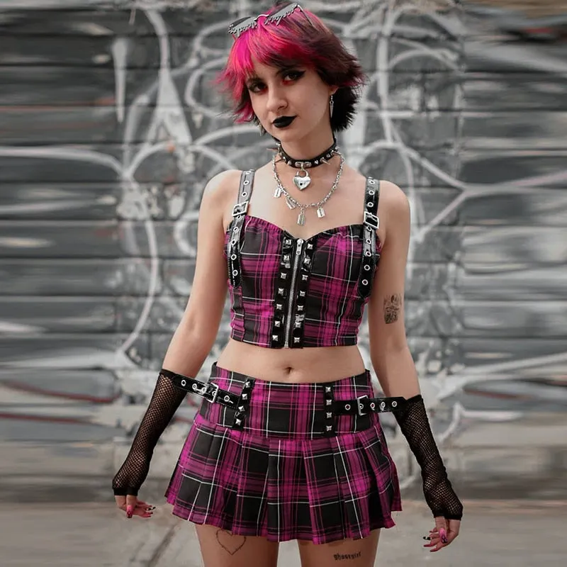 InsGoth Punk Y2K Purple Plaid Skirt Goth High Waist Pleated Mini Skirt Grunge Streetwear Belt A Line Skirts Gothic Clothes