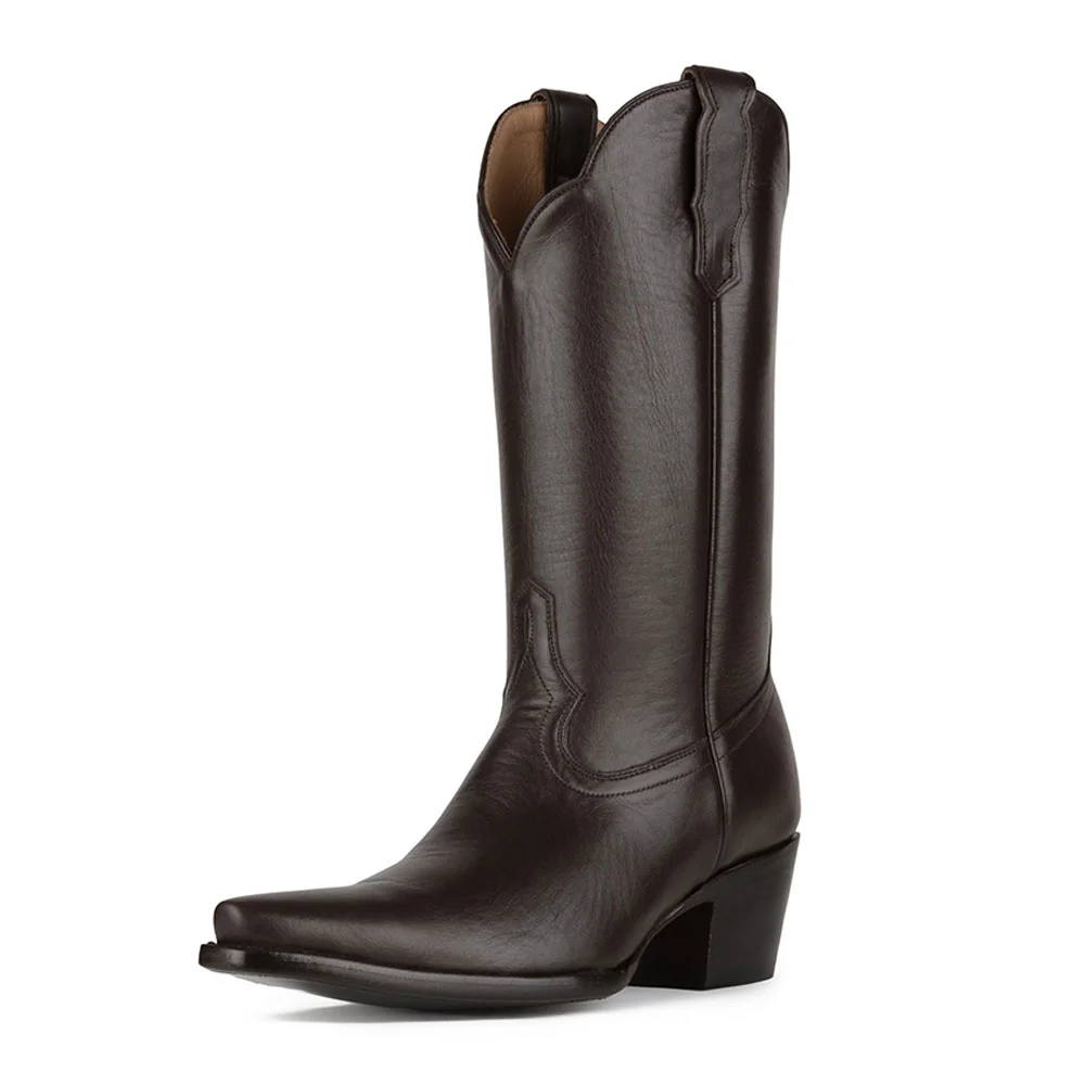Dark Brown Snip Toe Block Heel Mid-Calf Western Boots for Women