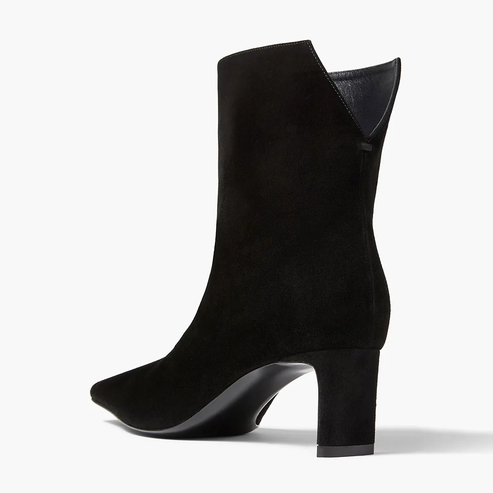 Black Vegan Suede Short Square Toe Boots with Chunky Mid Heel 