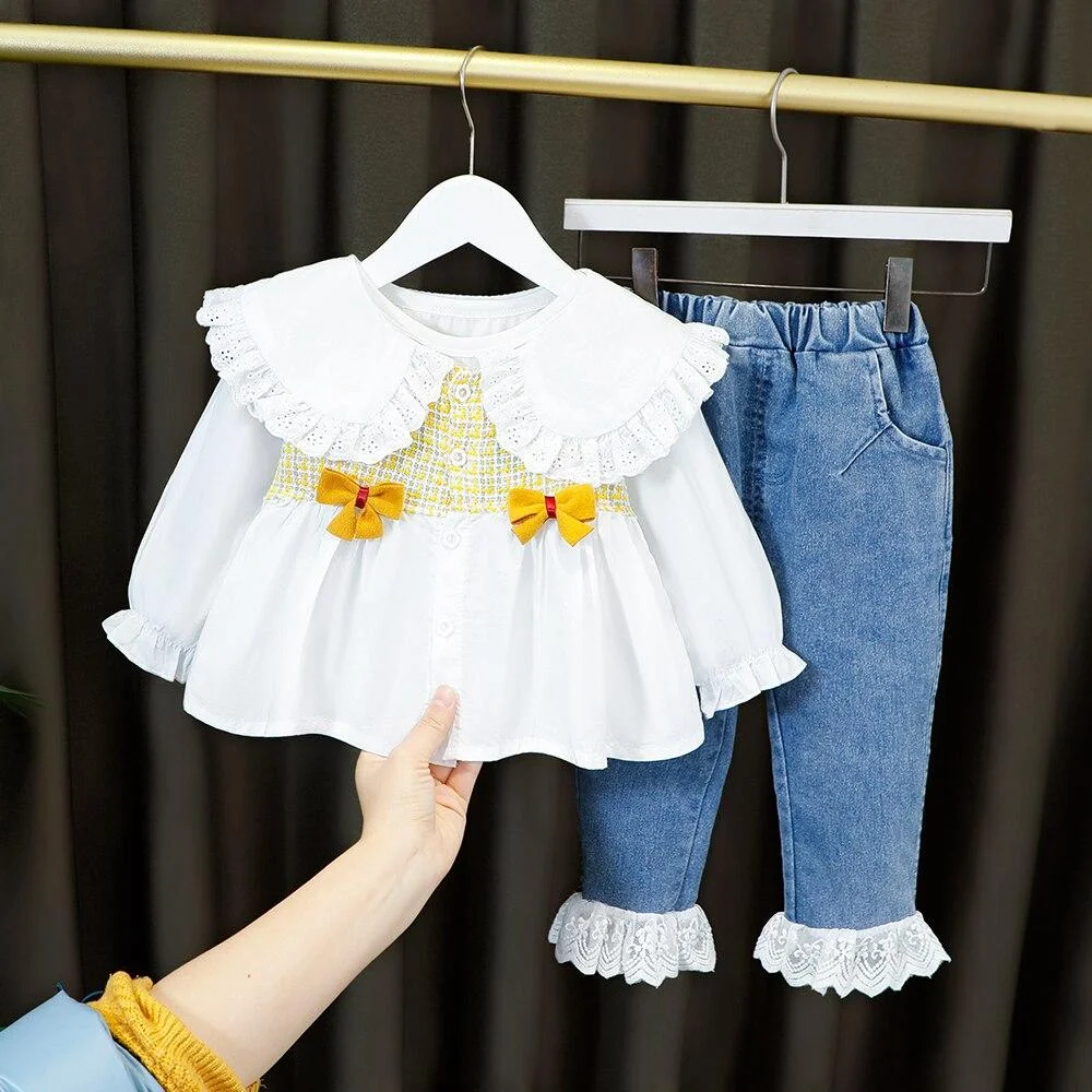 Long Sleeves Clothing Fashion Girls Fashion Lotus Leaf Collar Shirt + Jeans 2 PCS/Set Children Costume for 1 2 3 4 Y Party