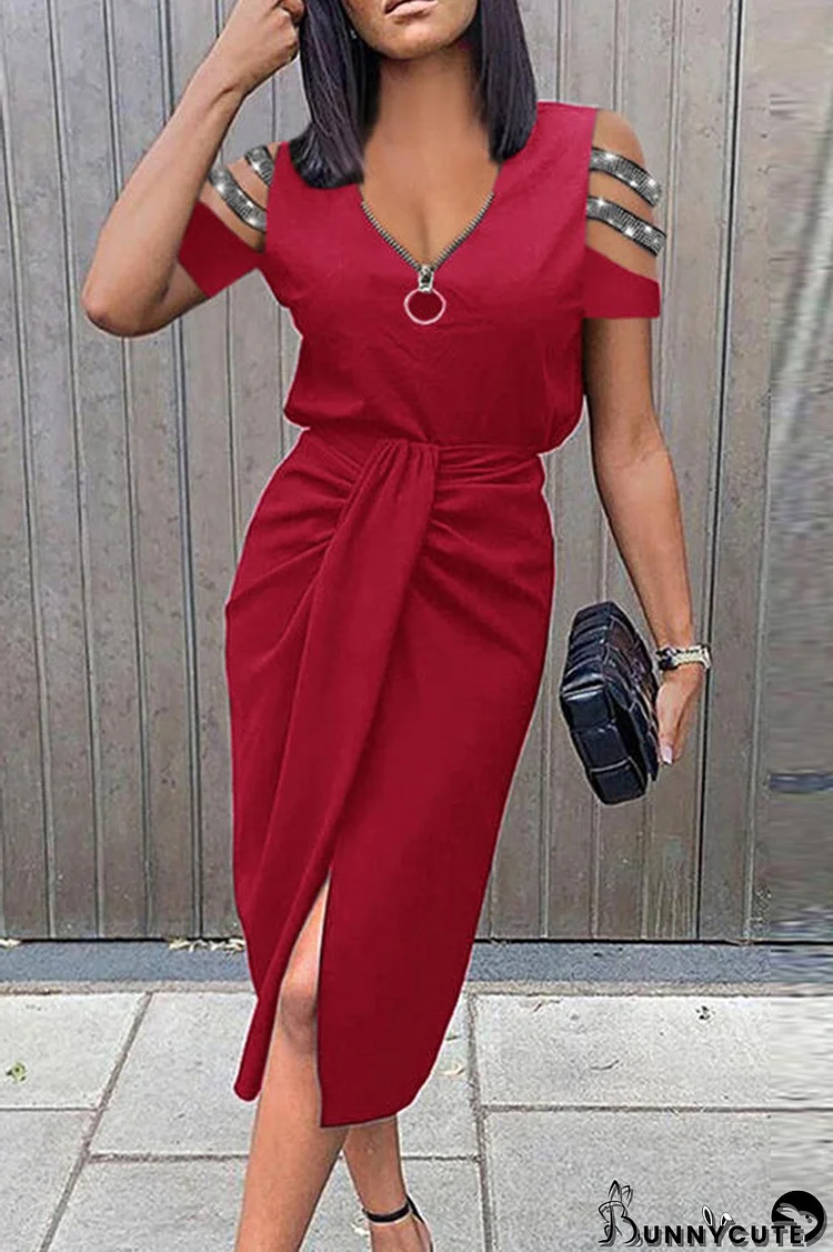 Red Fashion Casual Patchwork Hollowed Out V Neck Short Sleeve Dress