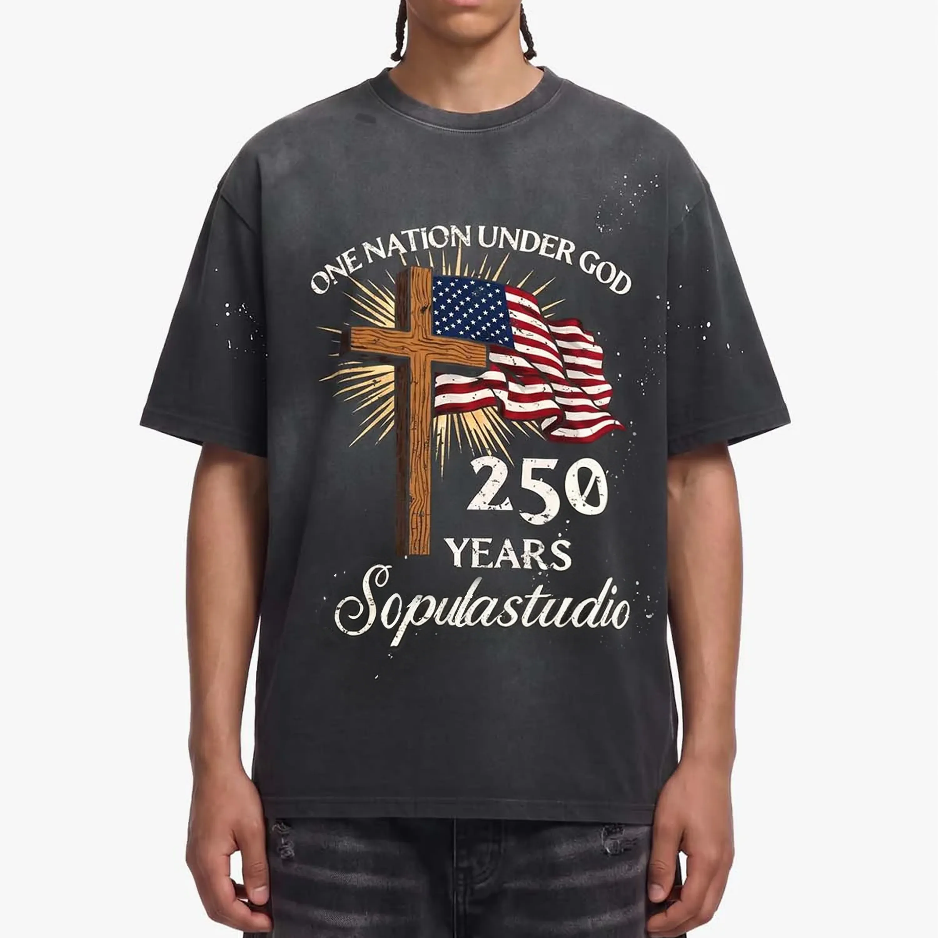 Retro America 250 Cross Flag Graphic Washed T-shirt artswardrobe