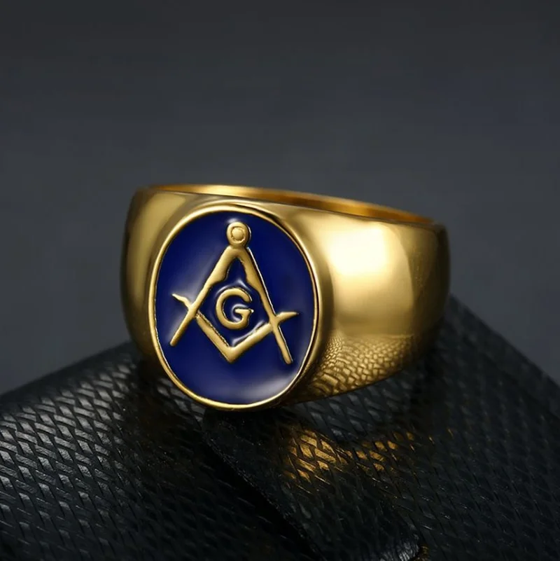 Vintage Masonic Symbol Gold Blue Band Ring for Men-VESSFUL