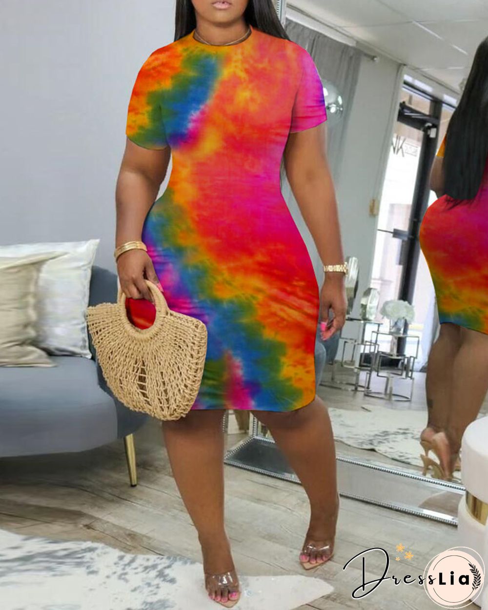Short Sleeve O-neck Tie Dye Print T-shirt Dress