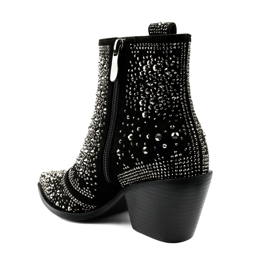 2.56" Women's Rhinestone Western Cowboy Boots Pointed Toe Block Heel Sparkly Ankle Boots-MERUMOTE