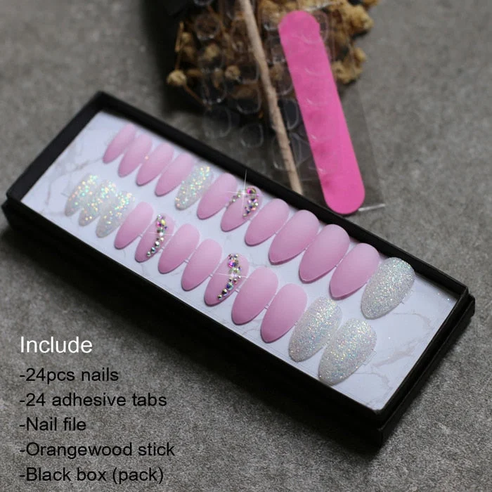 Matte glitter art nails box Match press on nails Burgundy AB rhinestone fasle nails stiletto Custom nails white blue pink-Nail Inspo