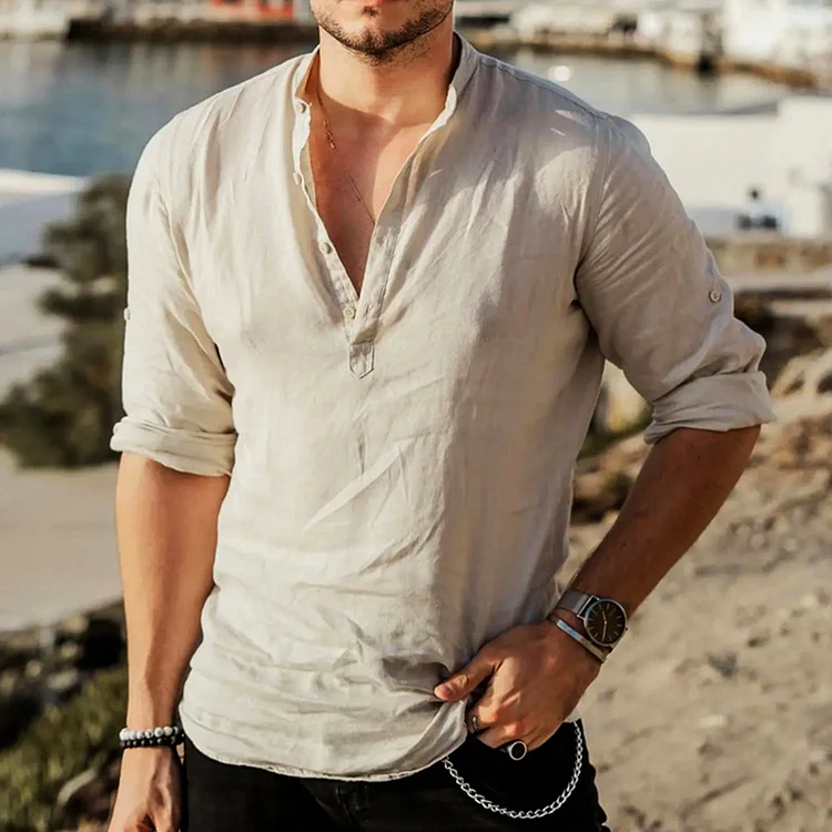 Men's Vintage Casual Cotton Long Sleeve T-Shirt Shirt Outdoor Breathable Henley Shirt c359