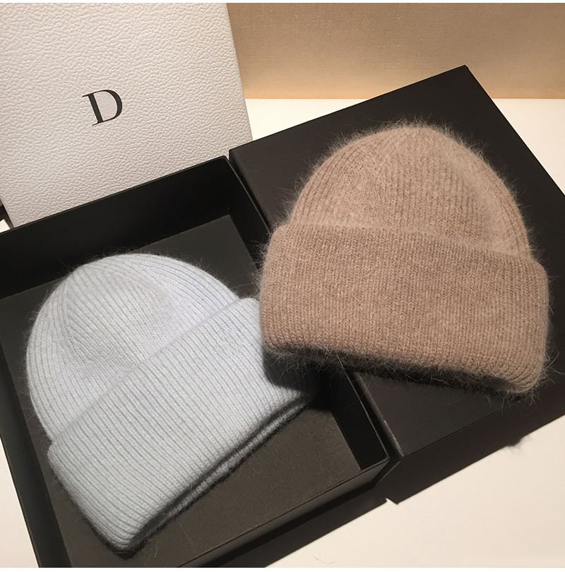  Rabbit Fur Knitted Woolen Hat Women's Japanese Style Cold Beanies Warm Pullover Knitted Hat