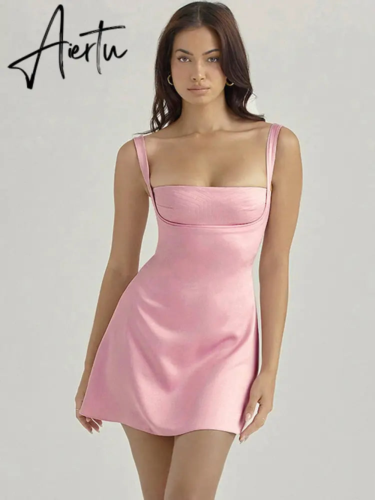 Birthday Dress For Women A-Line Pink Dress Sexy Satin Holiday Party Dresses Mini Casual Spaghetti Strap Graduation Dress Stretch Aiertu