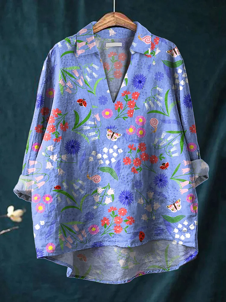 Women's Vintage Flower Art Print Casual Cotton And Linen V-neck Shirt