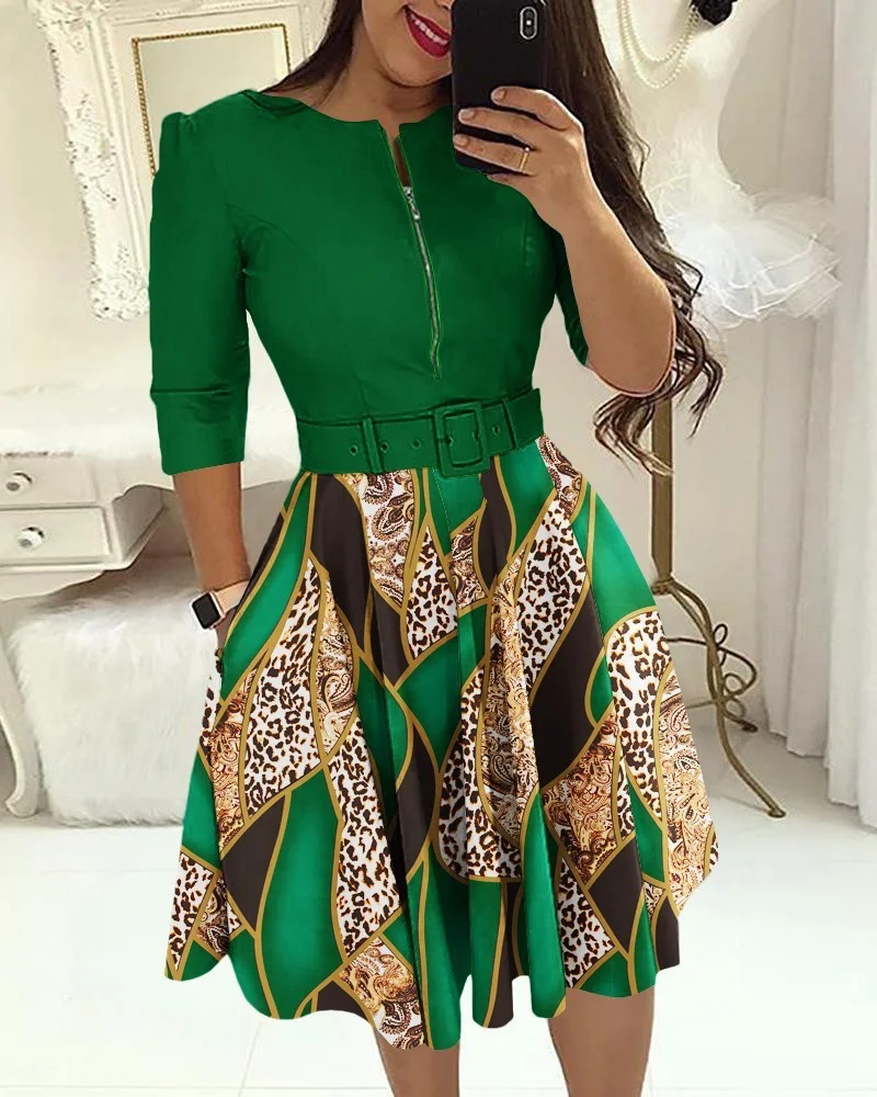 Uveng Uveng New Round-Neck Printing Belt Fashion Casual Commuter Dress Woman