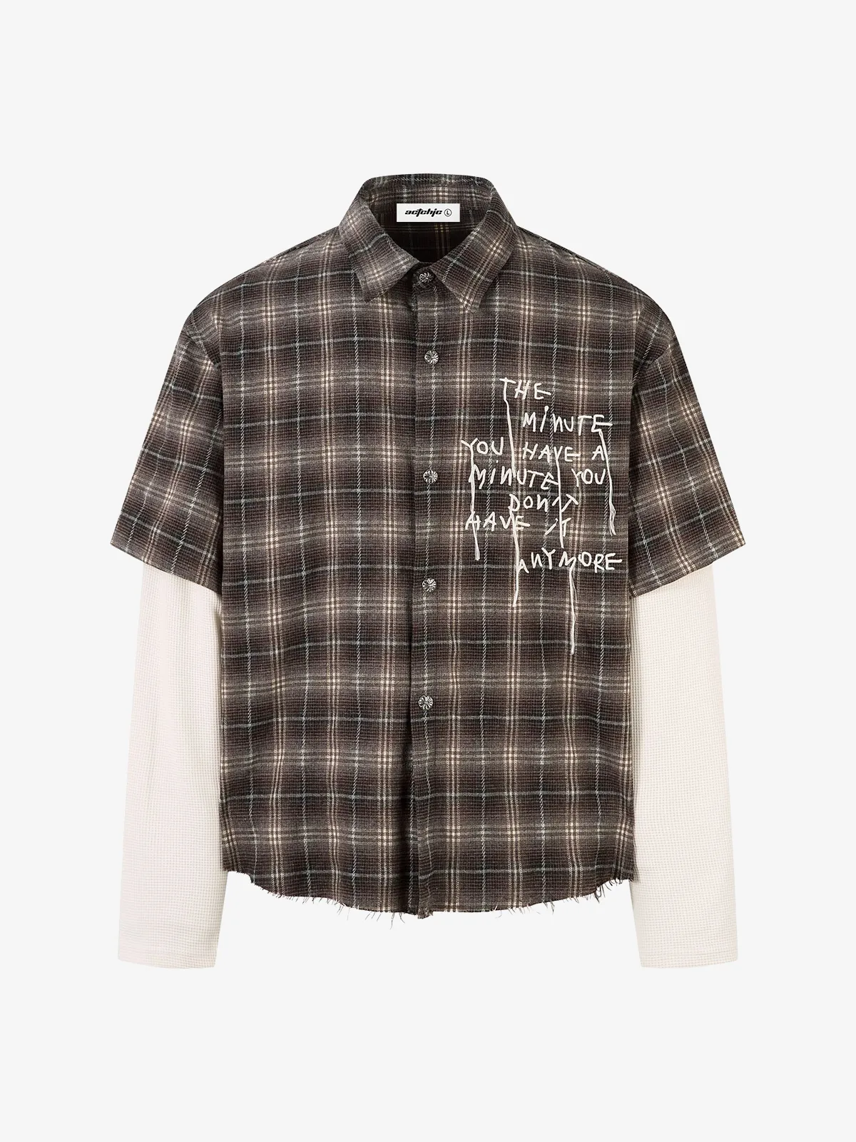 Brown Actchic Faux Two-Piece Distressed Plaid Long Sleeve Shirt Front
