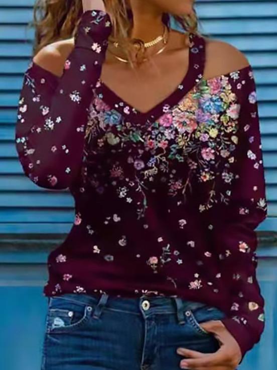 Women Long Sleeve Scoop Neck Floral Printed Graphic Top