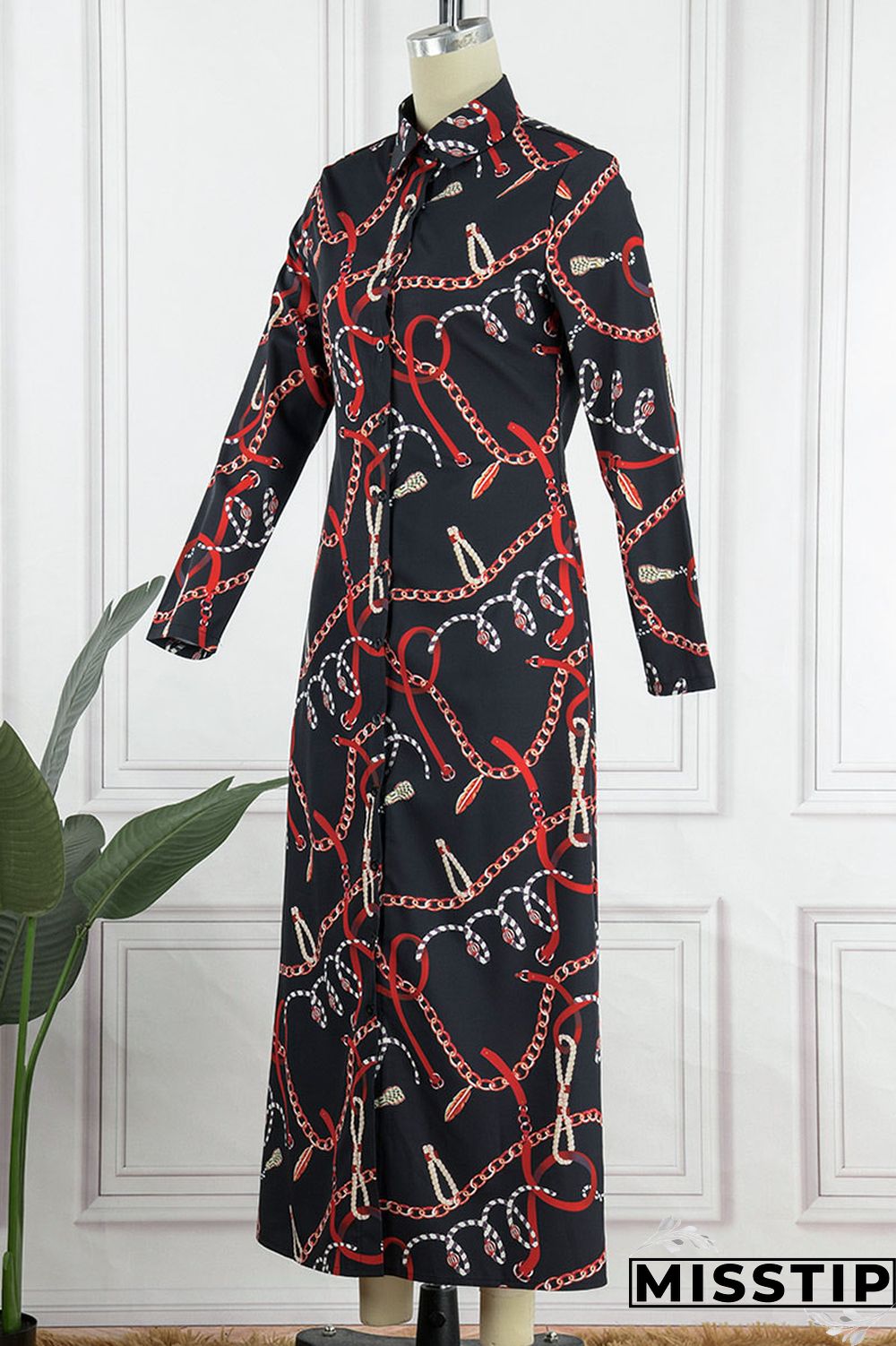 Black Casual Print Patchwork Buckle Without Belt Turndown Collar Straight Dresses