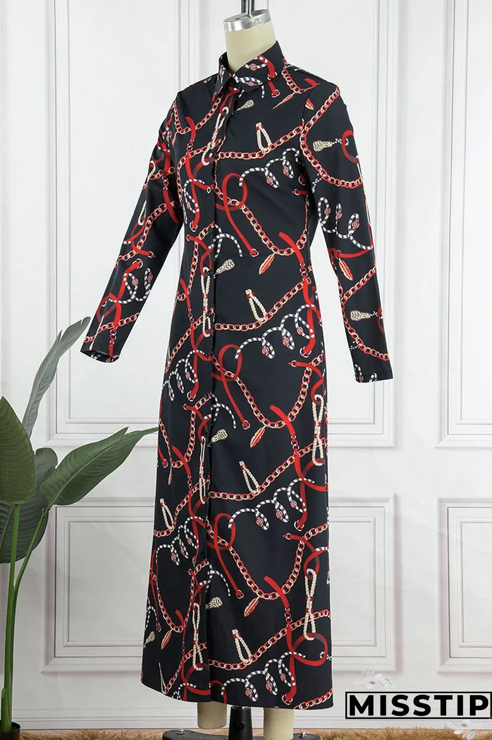 Black Casual Print Patchwork Buckle Without Belt Turndown Collar Straight Dresses