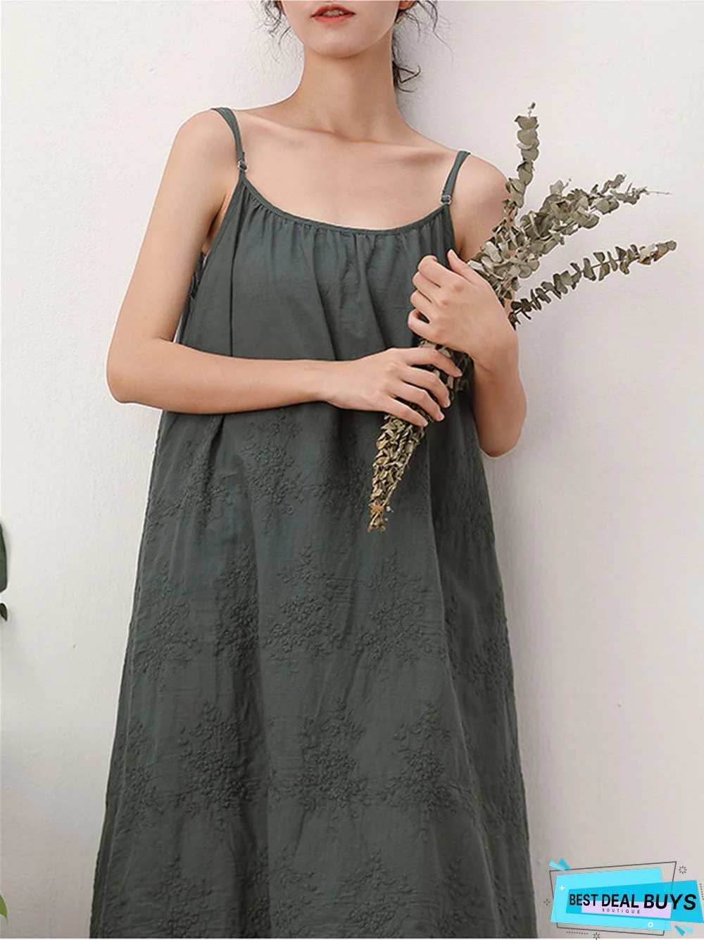 Fresh and Sweet Pure Color Dress Embroidered Loose Cotton Linen Skirt