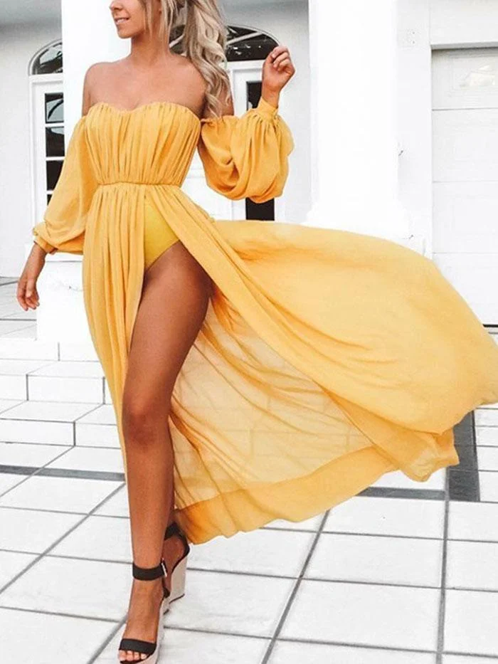 Tube top one-line neck long-sleeved pleated solid color elastic waist split dress