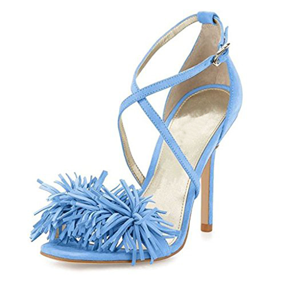 4.72"Ladies Open Toe Suede Leather Sandals Fringed Strappy Stiletto Heel Shoes Light Blue-vocosishoes