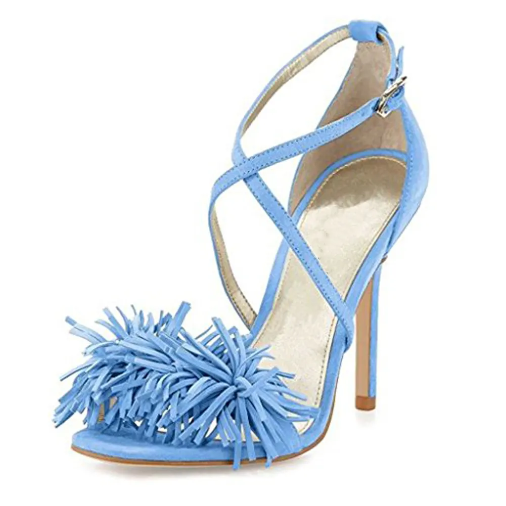 4.72"Ladies Open Toe Suede Leather Sandals Fringed Strappy Stiletto Heel Shoes Light Blue-vocosishoes