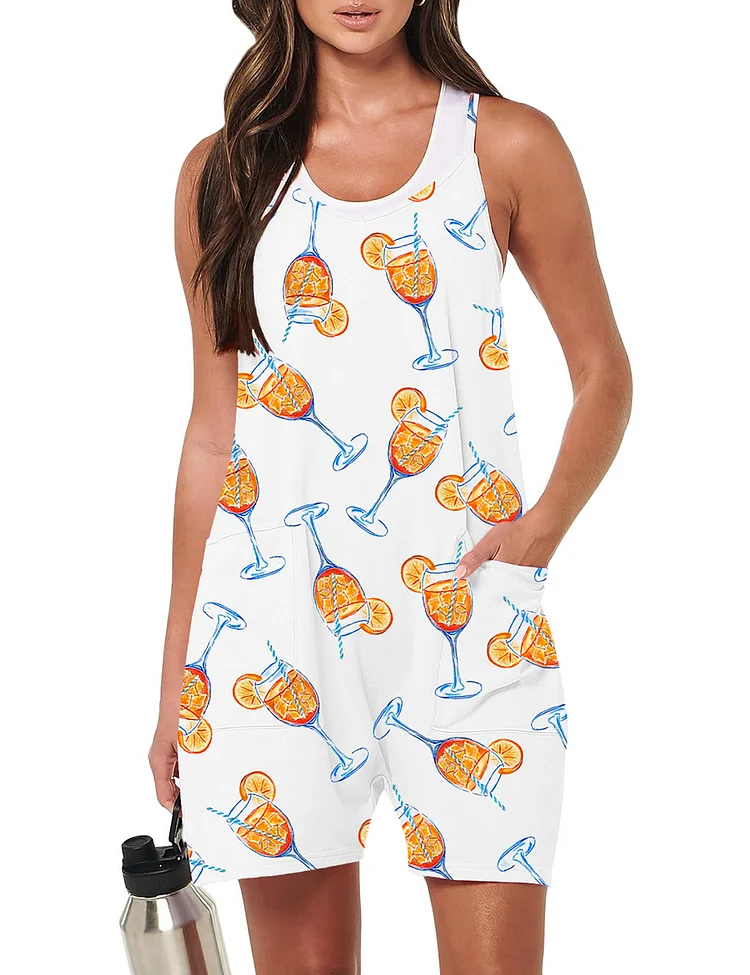 Women's Aperol Spritz Trio Watercolor Sleeveless Overalls Spaghetti Strap Shorts Jumpsuit